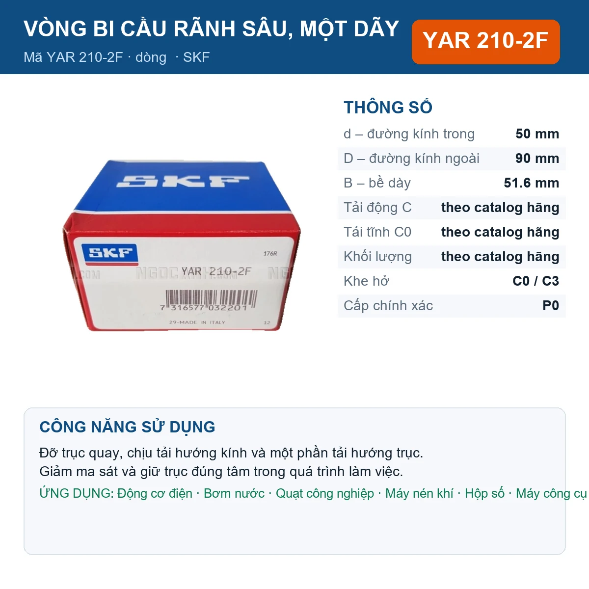 Vòng bi SKF YAR 210-2F 50x90x51.6mm — Ảnh đăng sản phẩm (web)