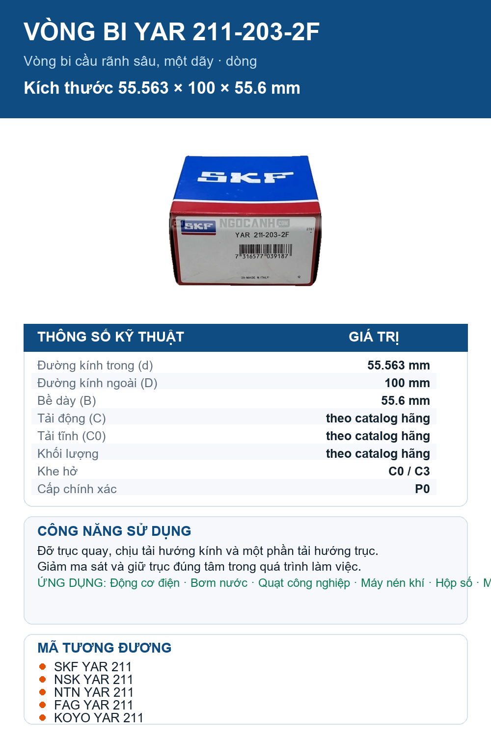 Vòng bi SKF YAR 211-203-2F 55.563x100x55.6mm — Ảnh thông số (Pinterest)