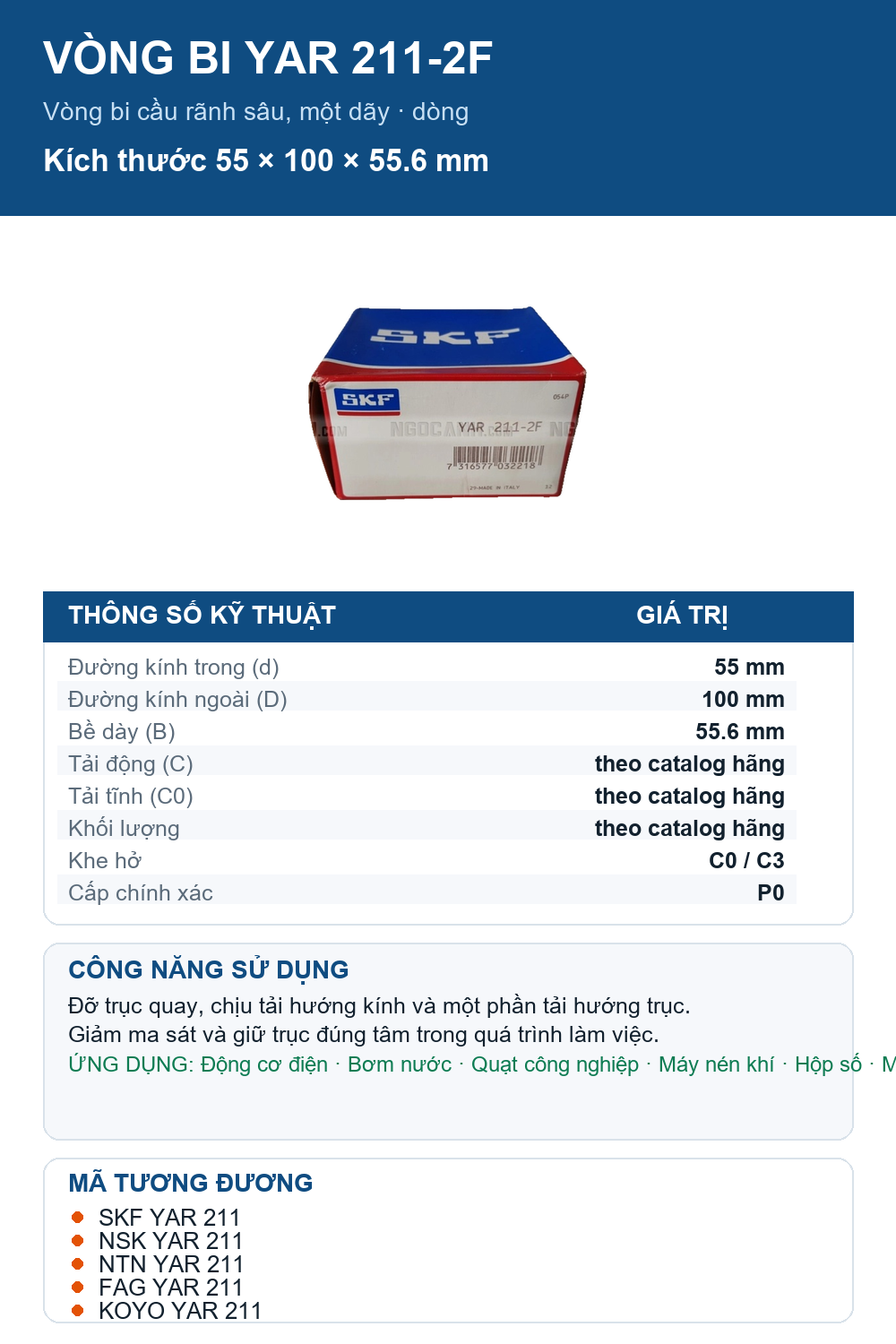 Vòng bi SKF YAR 211-2F 55x100x55.6mm — Ảnh thông số (Pinterest)