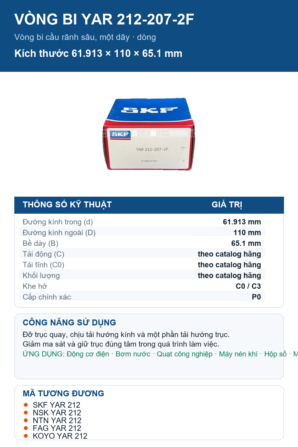 Vòng bi SKF YAR 212-207-2F 61.913x110x65.1mm — Ảnh thông số (Pinterest)