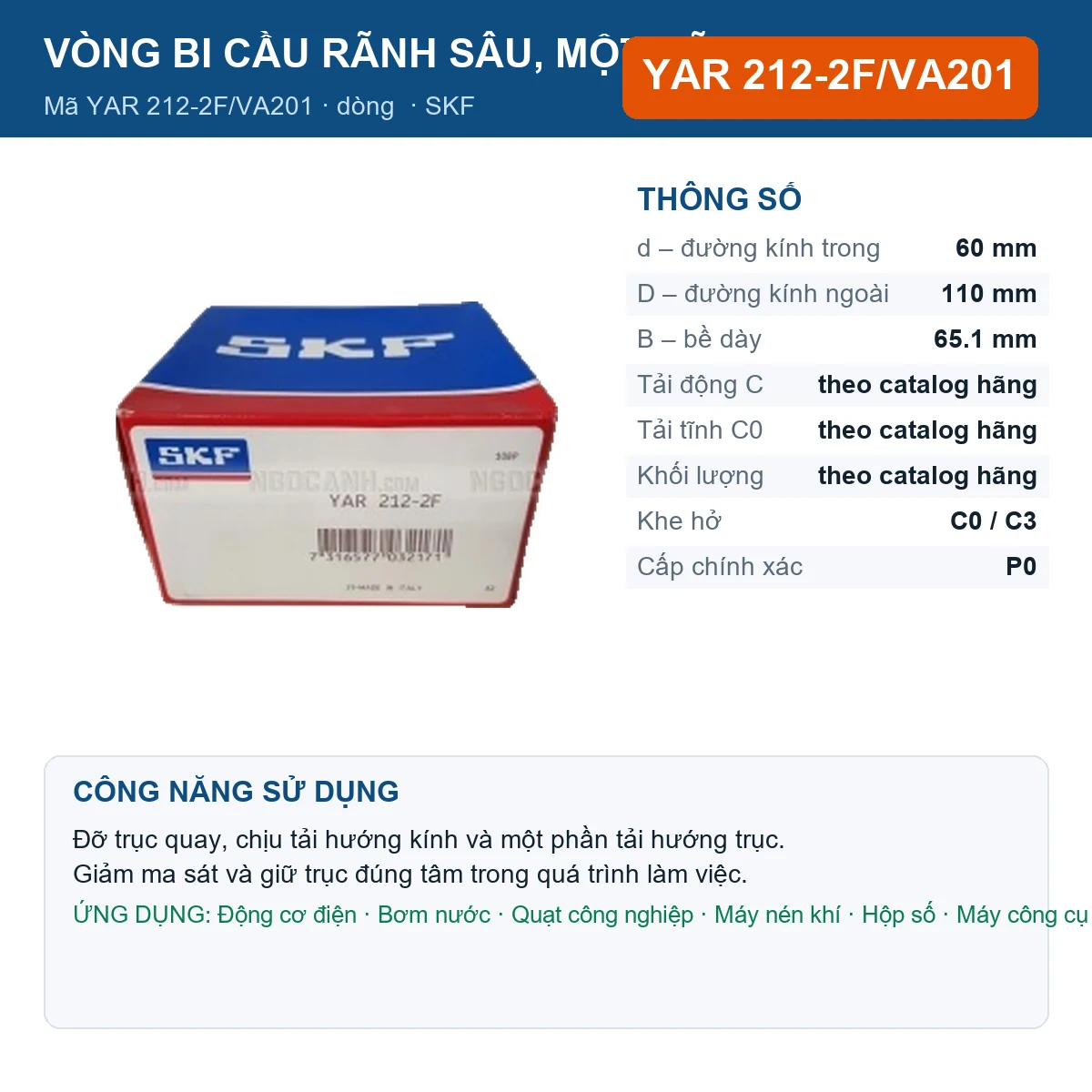 Vòng bi SKF YAR 212-2F/VA201 — kích thước 60x110x65.1mm