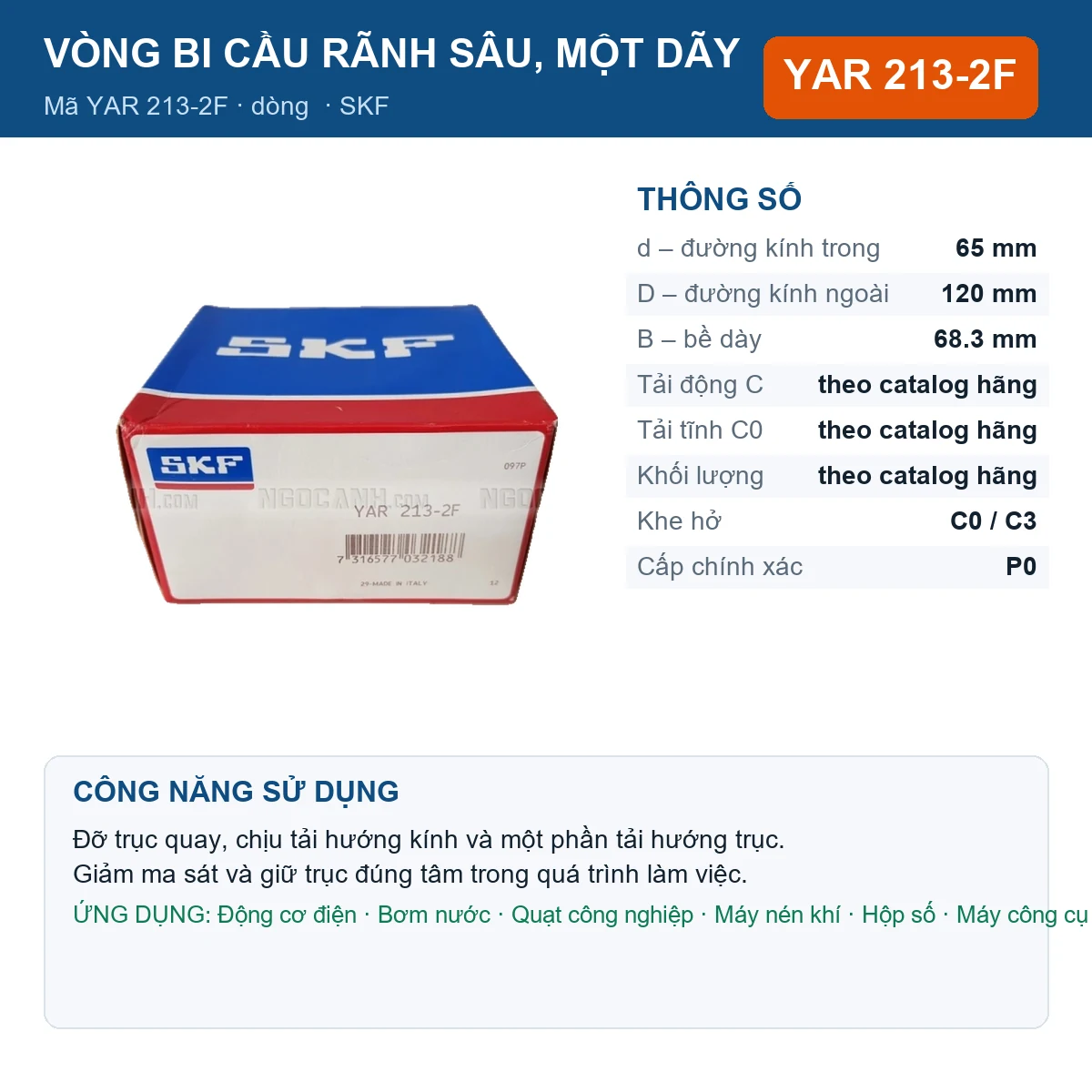 Vòng bi SKF YAR 213-2F 65x120x68.3mm — Ảnh đăng sản phẩm (web)
