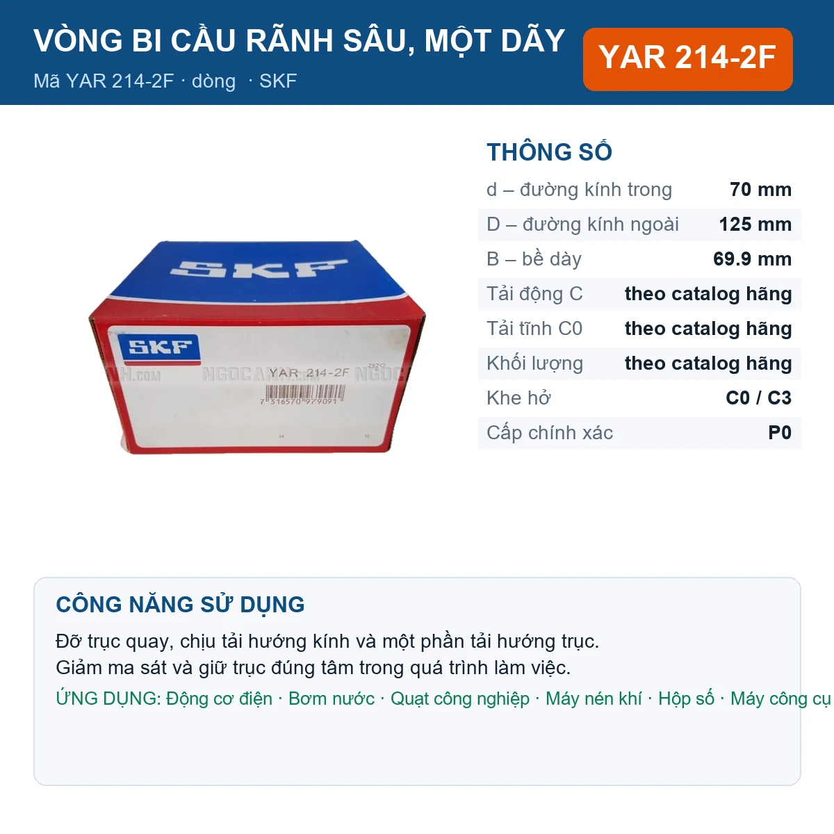 Vòng bi SKF YAR 214-2F 70x125x69.9mm — Ảnh đăng sản phẩm (web)