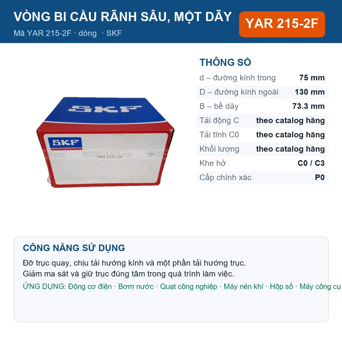Vòng bi SKF YAR 215-2F 75x130x73.3mm — Ảnh đăng sản phẩm (web)