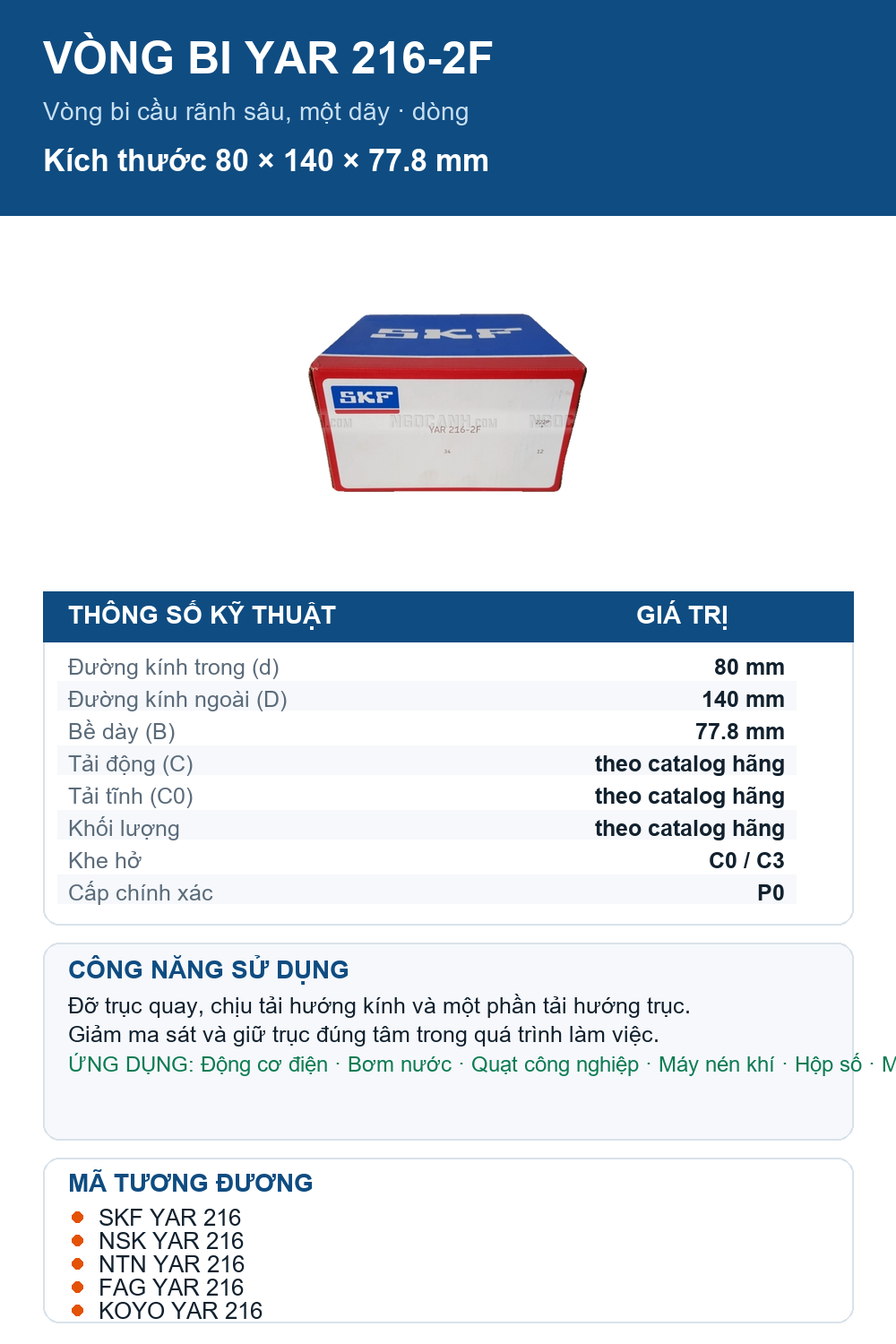 Vòng bi SKF YAR 216-2F 80x140x77.8mm — Ảnh thông số (Pinterest)