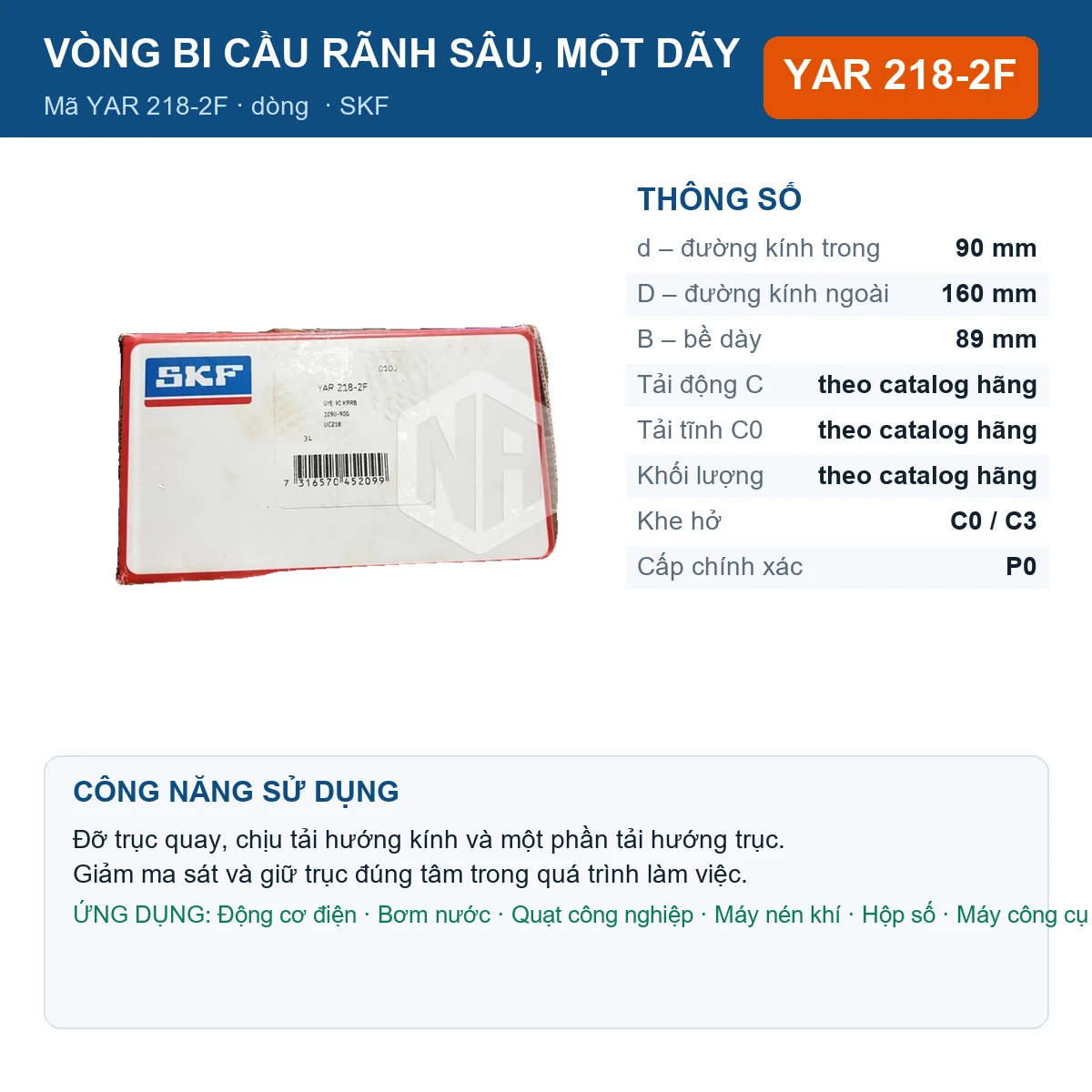 Vòng bi SKF YAR 218-2F 90x160x89mm — Ảnh đăng sản phẩm (web)