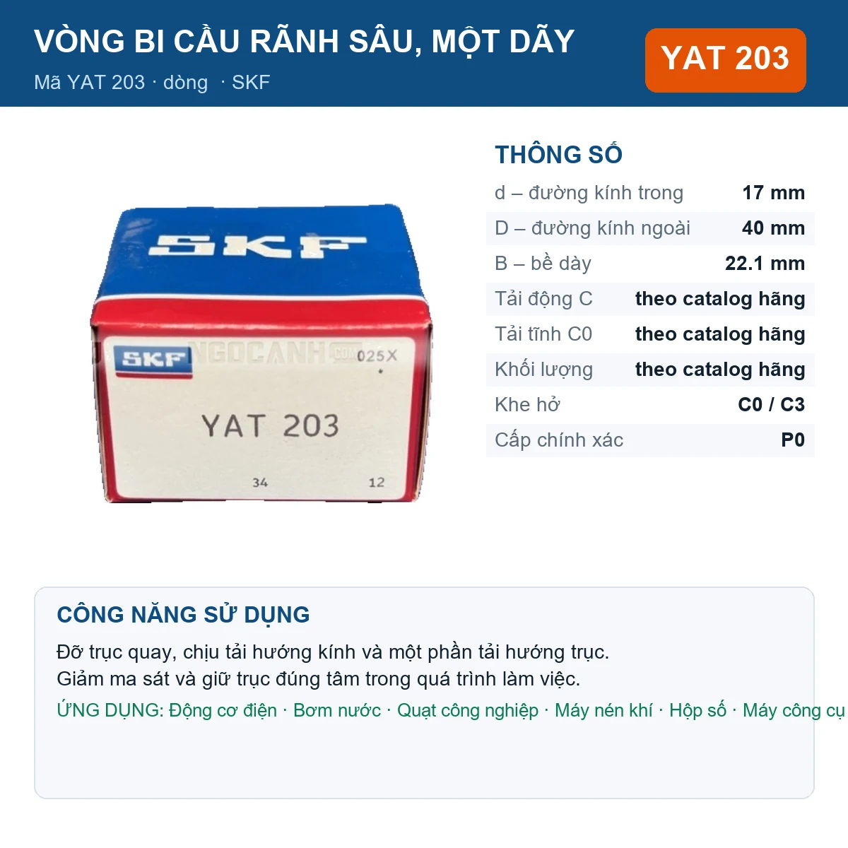 Vòng bi SKF YAT 203 17x40x22.1mm — Ảnh đăng sản phẩm (web)