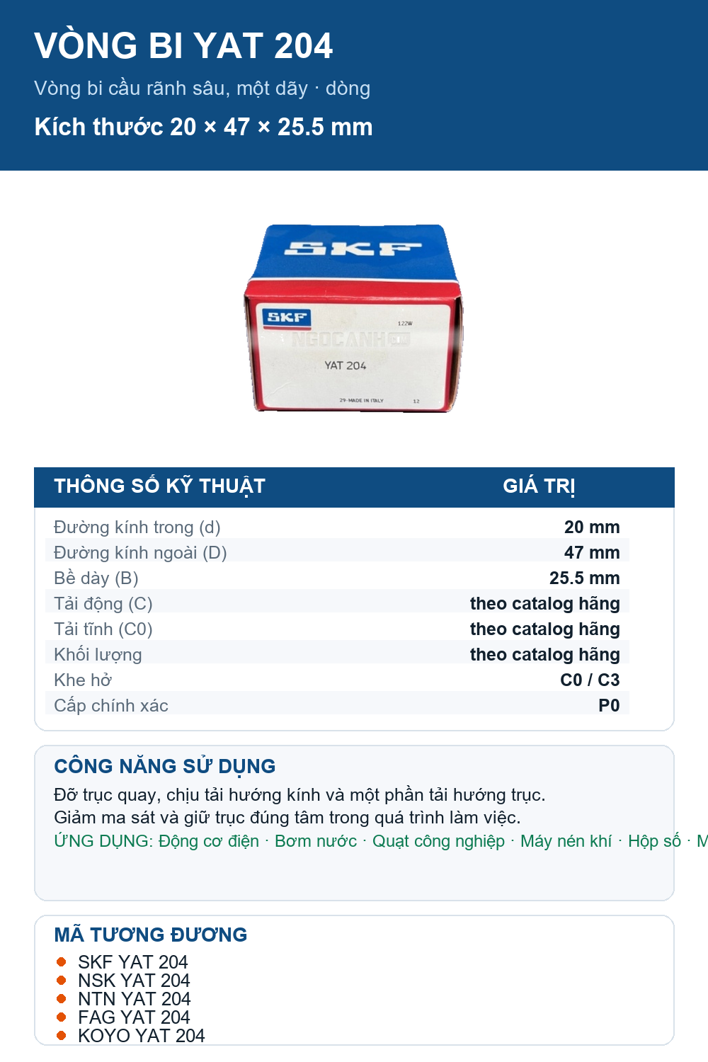 Vòng bi SKF YAT 204 20x47x25.5mm — Ảnh thông số (Pinterest)