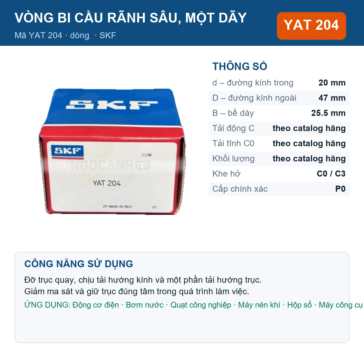 Vòng bi SKF YAT 204 20x47x25.5mm — Ảnh đăng sản phẩm (web)