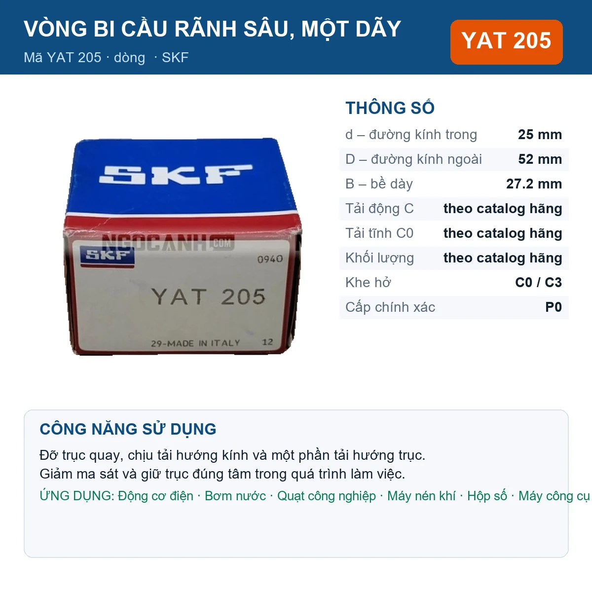 Vòng bi SKF YAT 205 25x52x27.2mm — Ảnh đăng sản phẩm (web)