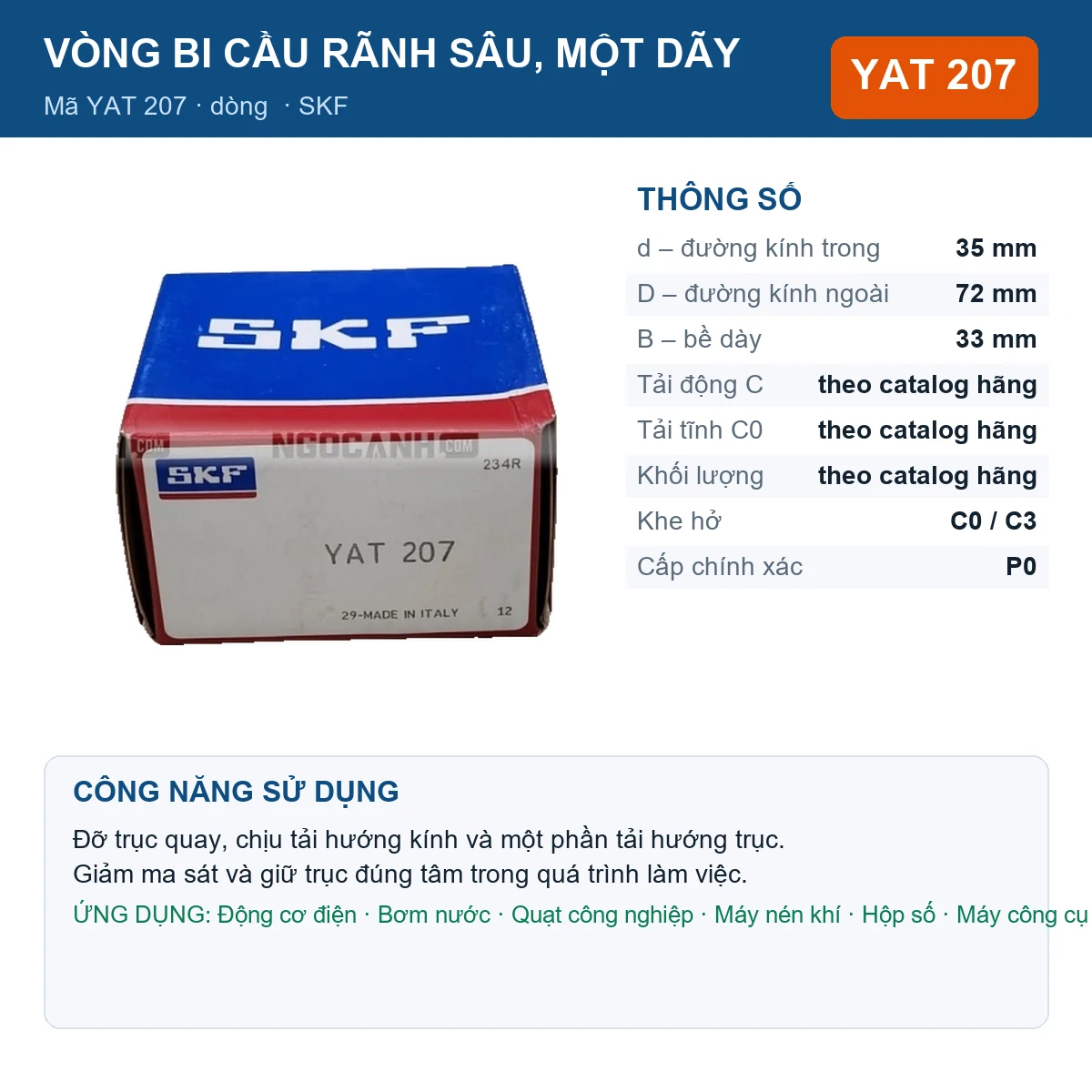 Vòng bi SKF YAT 207 35x72x33mm — Ảnh đăng sản phẩm (web)