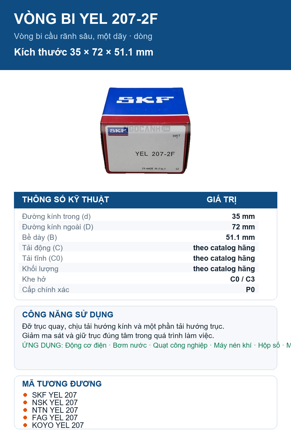 Vòng bi SKF YEL 207-2F 35x72x51.1mm — Ảnh thông số (Pinterest)