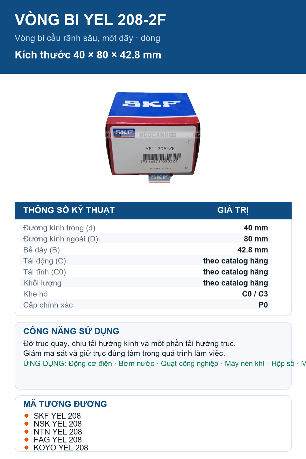 Vòng bi SKF YEL 208-2F 40x80x42.8mm — Ảnh thông số (Pinterest)