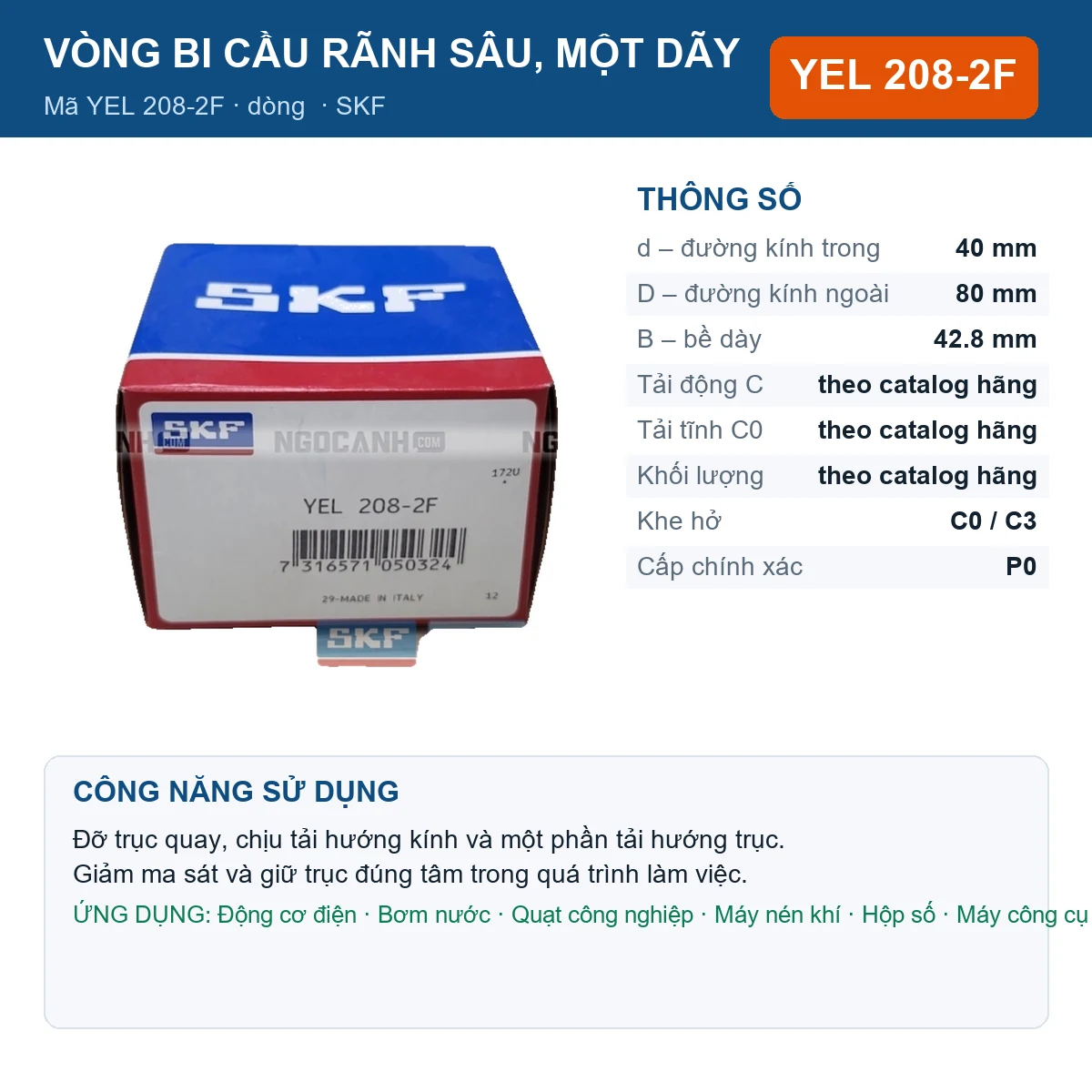 Vòng bi SKF YEL 208-2F 40x80x42.8mm — Ảnh đăng sản phẩm (web)