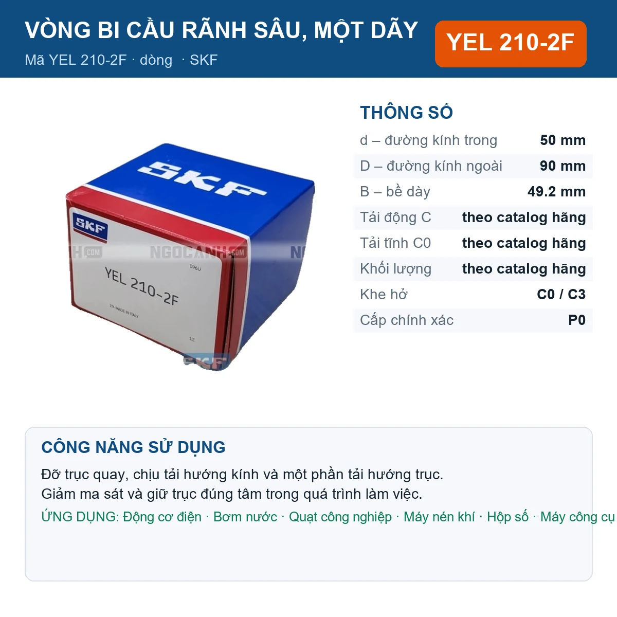 Vòng bi SKF YEL 210-2F 50x90x49.2mm — Ảnh đăng sản phẩm (web)