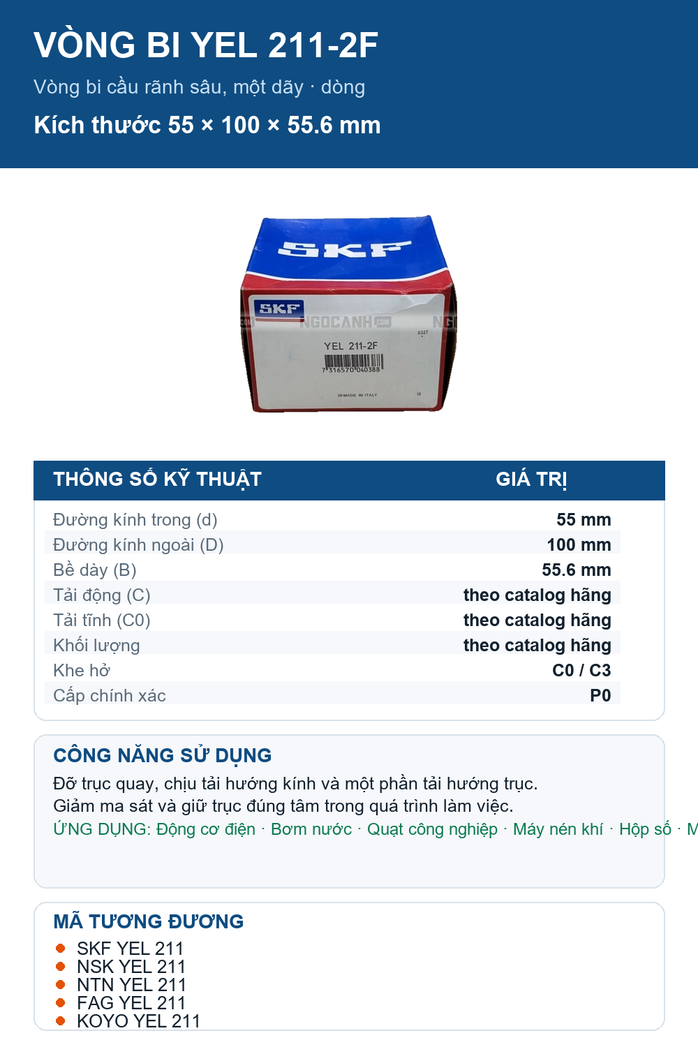 Vòng bi SKF YEL 211-2F 55x100x55.6mm — Ảnh thông số (Pinterest)
