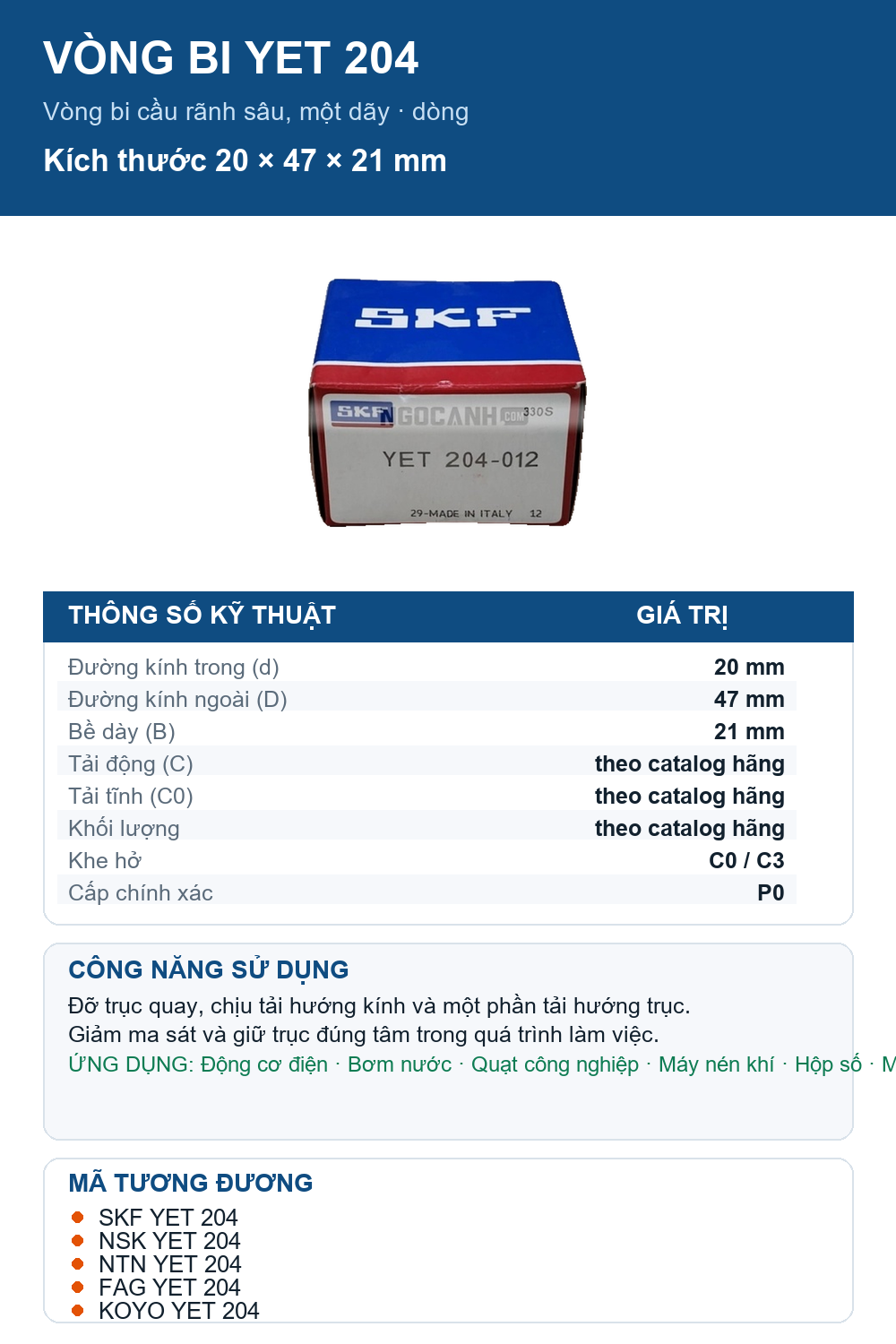 Vòng bi SKF YET 204 20x47x21mm — Ảnh thông số (Pinterest)