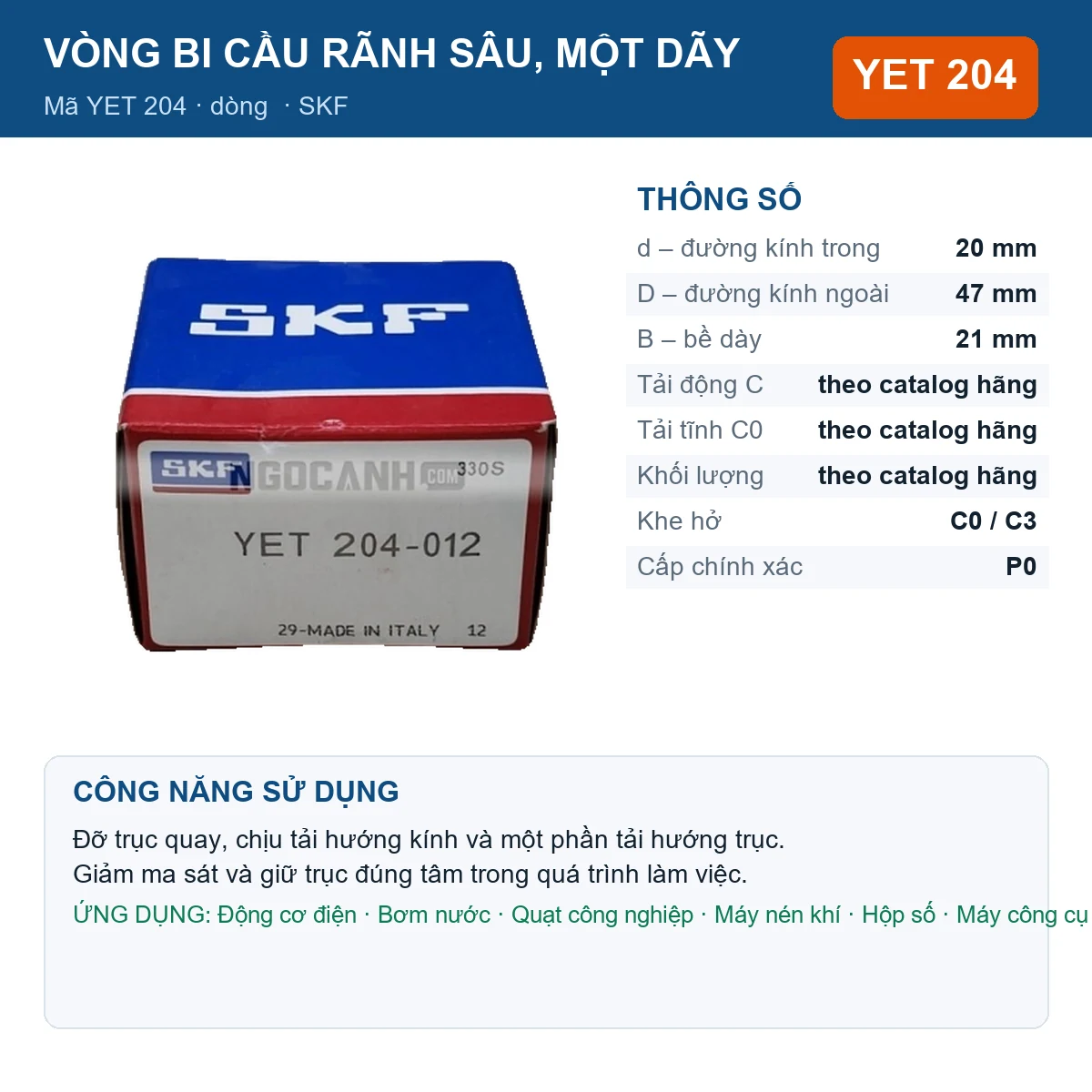 Vòng bi SKF YET 204 20x47x21mm — Ảnh đăng sản phẩm (web)