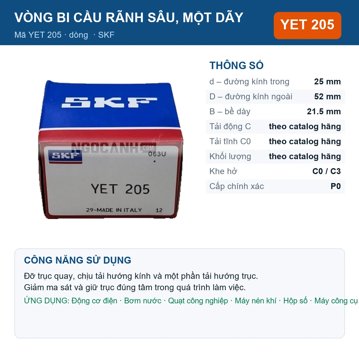 Vòng bi SKF YET 205 25x52x21.5mm — Ảnh đăng sản phẩm (web)