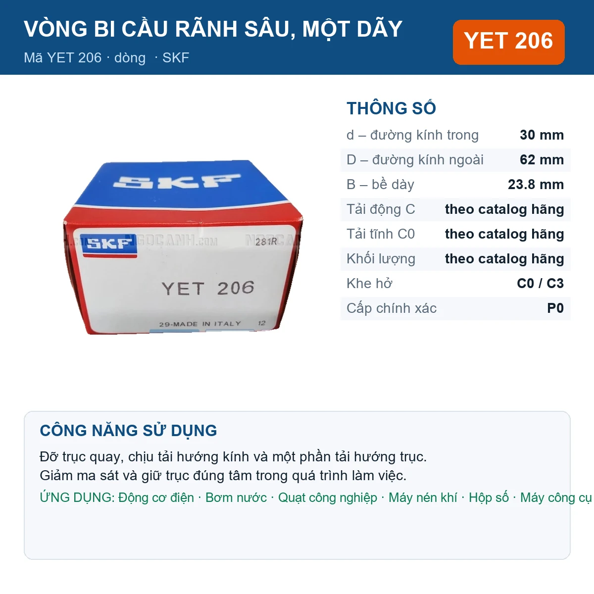 Vòng bi SKF YET 206 30x62x23.8mm — Ảnh đăng sản phẩm (web)
