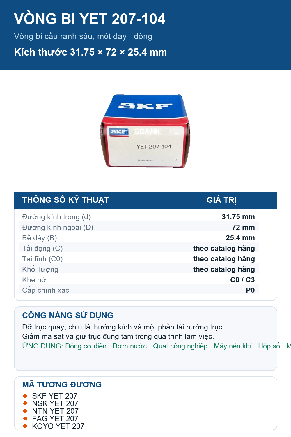 Vòng bi SKF YET 207-104 31.75x72x25.4mm — Ảnh thông số (Pinterest)