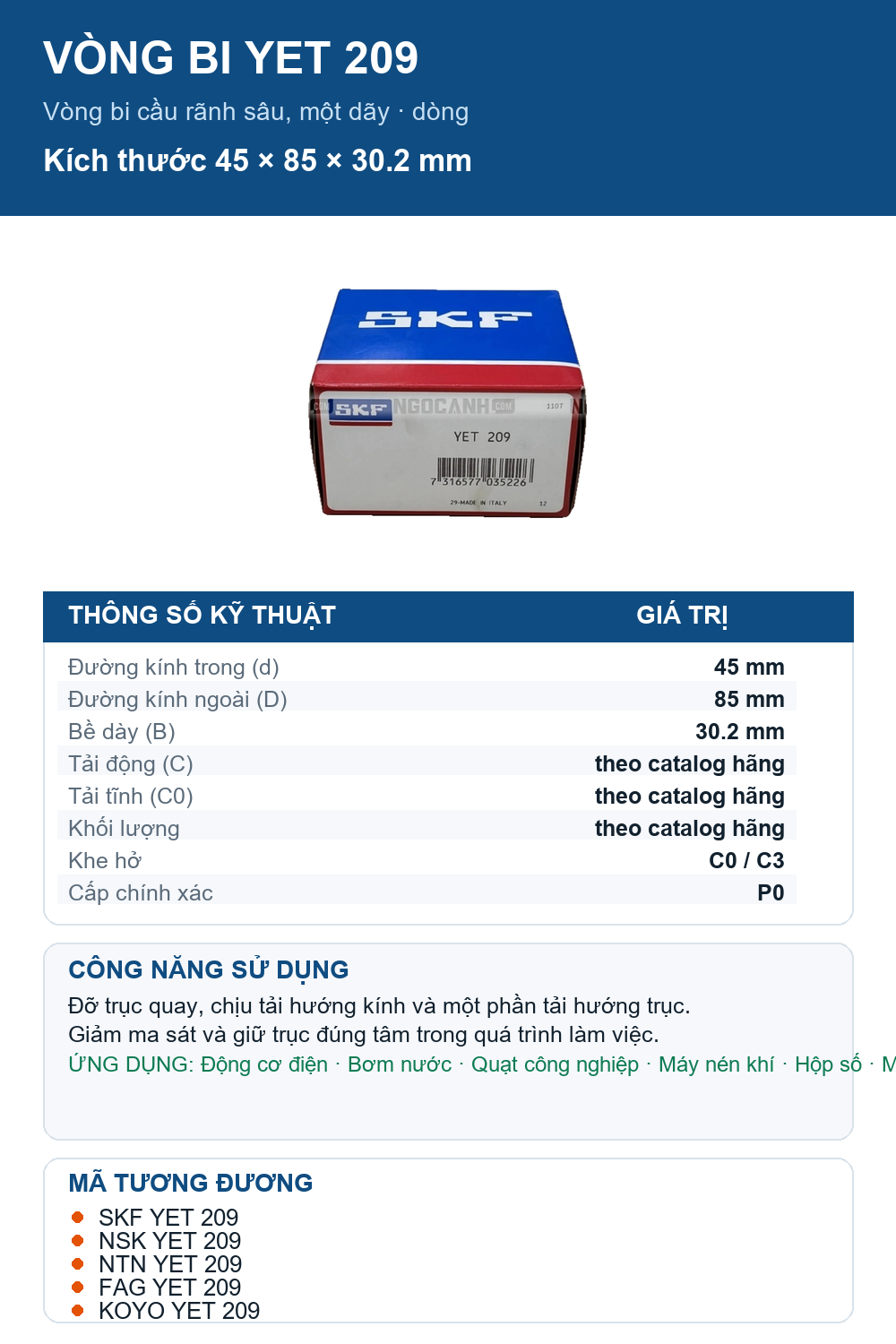 Vòng bi SKF YET 209 45x85x30.2mm — Ảnh thông số (Pinterest)