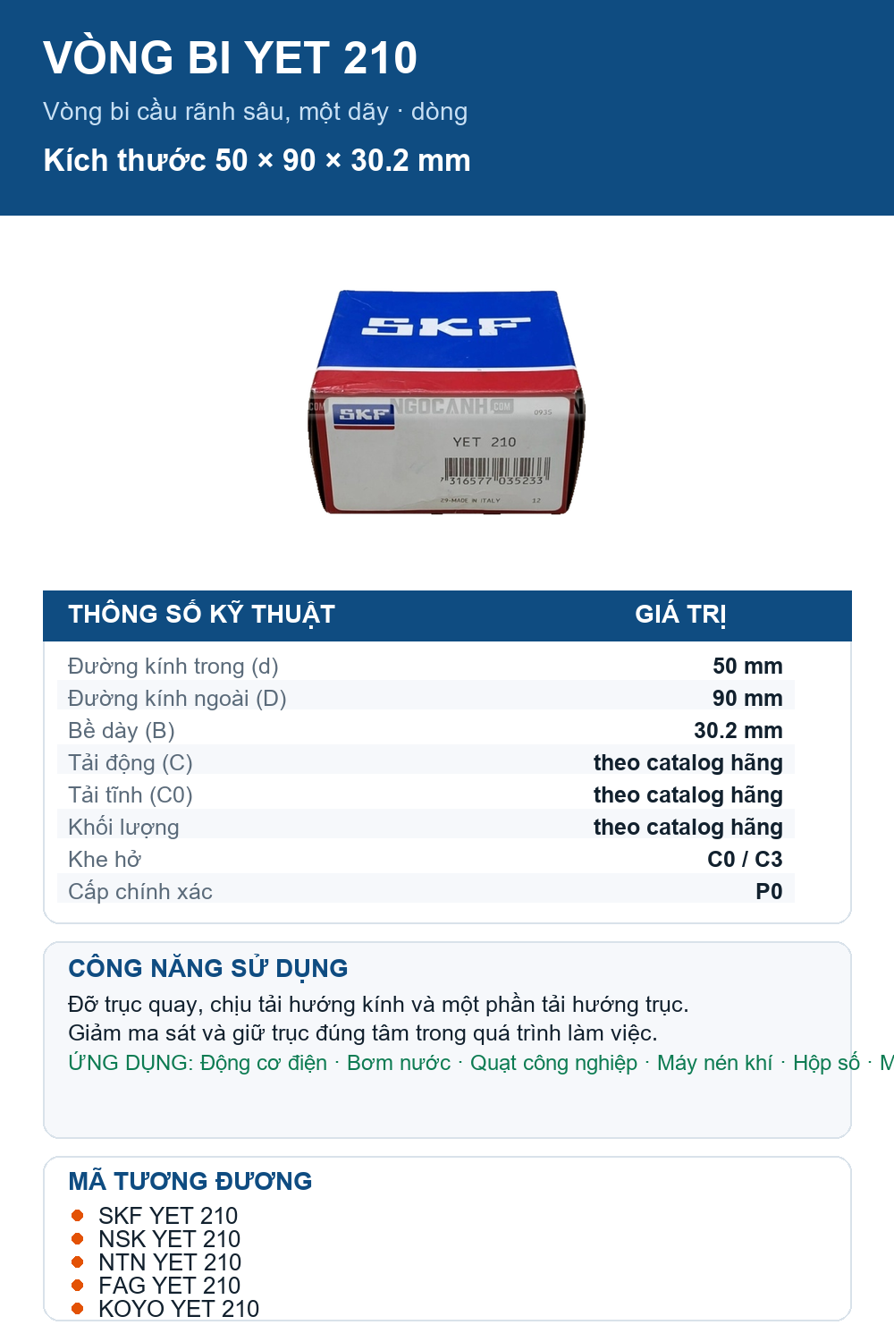 Vòng bi SKF YET 210 50x90x30.2mm — Ảnh thông số (Pinterest)