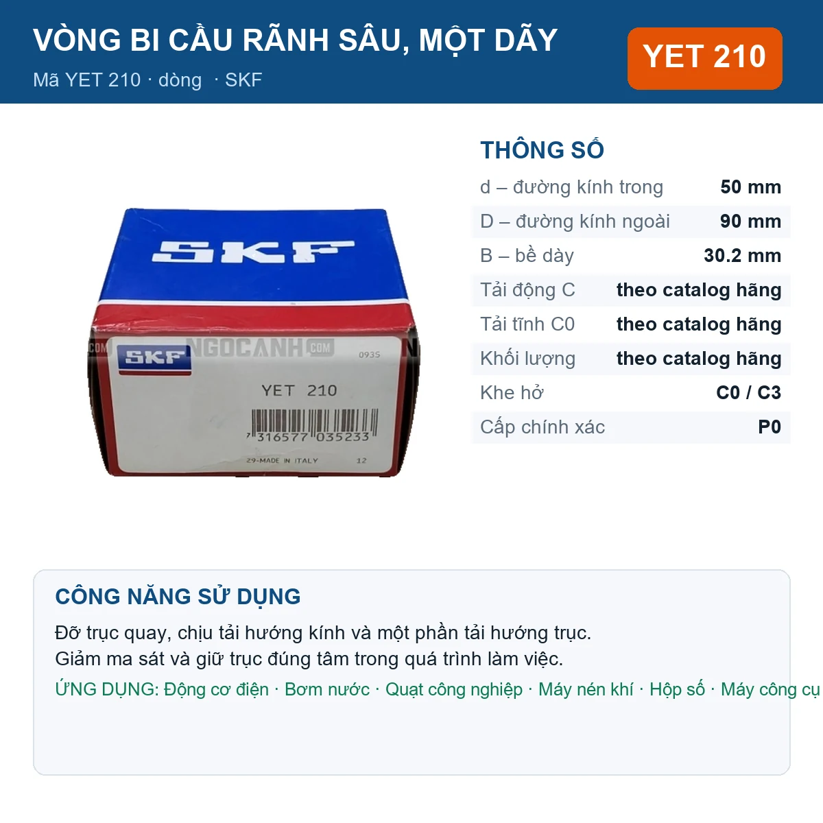 Vòng bi SKF YET 210 50x90x30.2mm — Ảnh đăng sản phẩm (web)