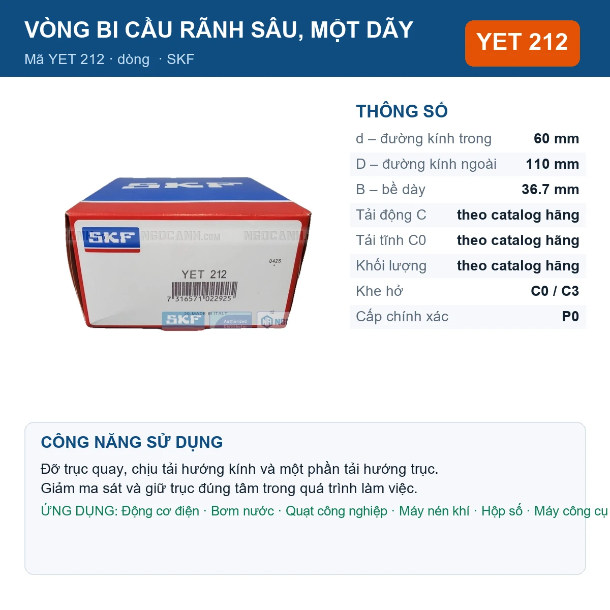 Vòng bi SKF YET 212 60x110x36.7mm — Ảnh đăng sản phẩm (web)
