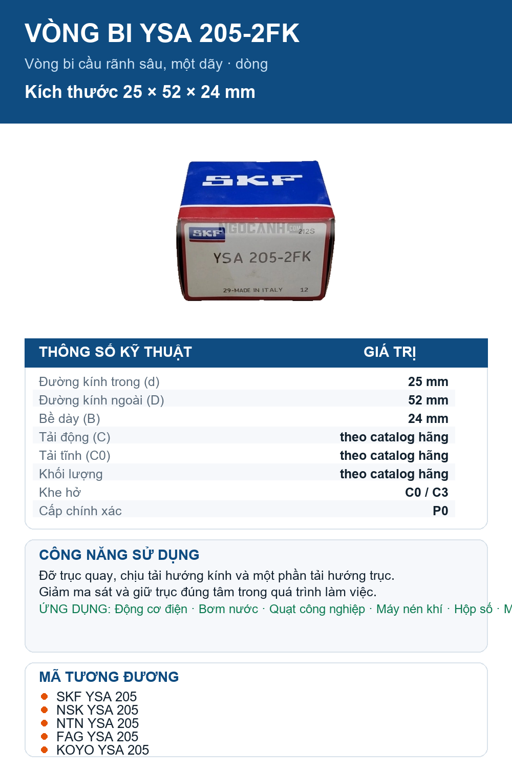 Vòng bi SKF YSA 205-2FK 25x52x24mm — Ảnh thông số (Pinterest)
