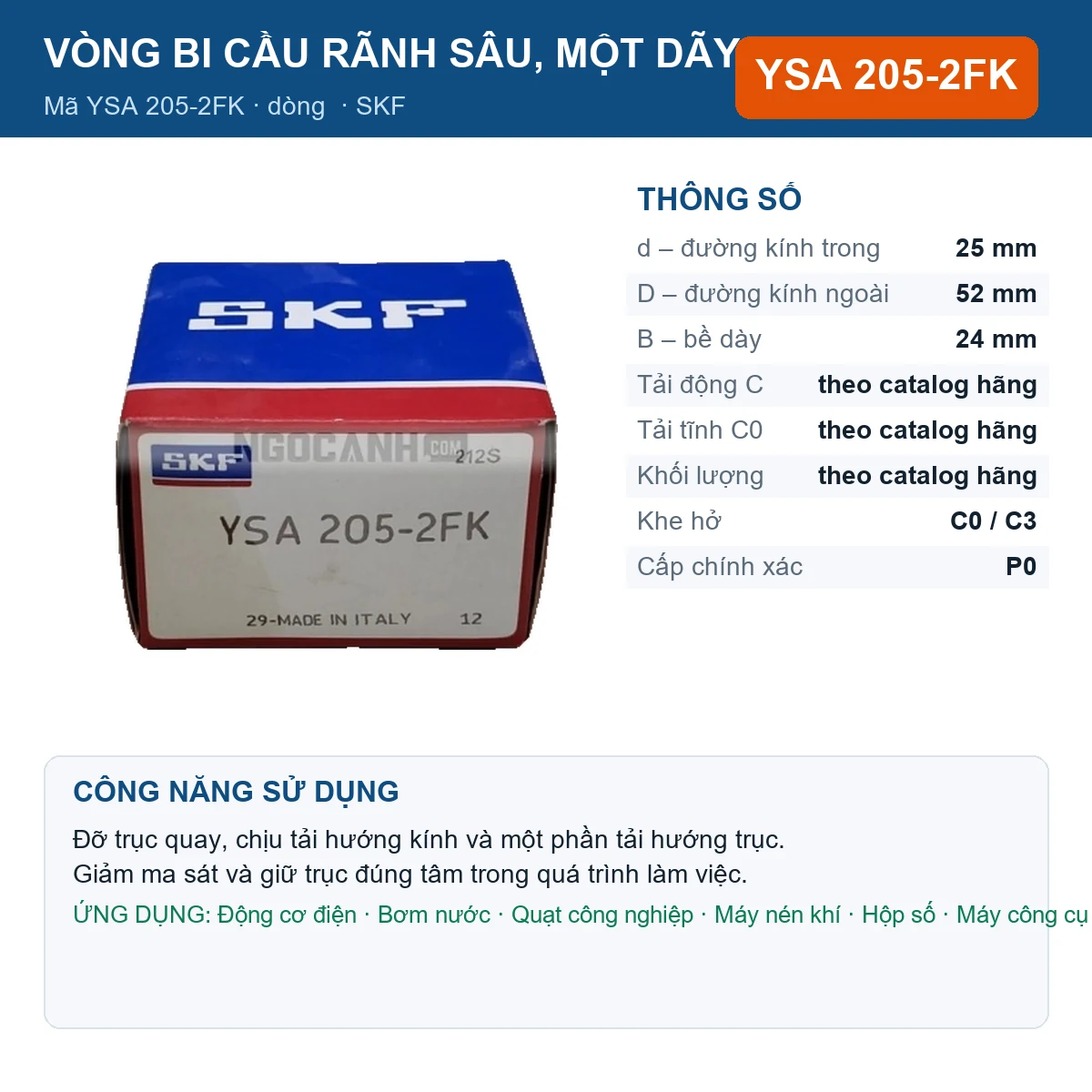 Vòng bi SKF YSA 205-2FK 25x52x24mm — Ảnh đăng sản phẩm (web)