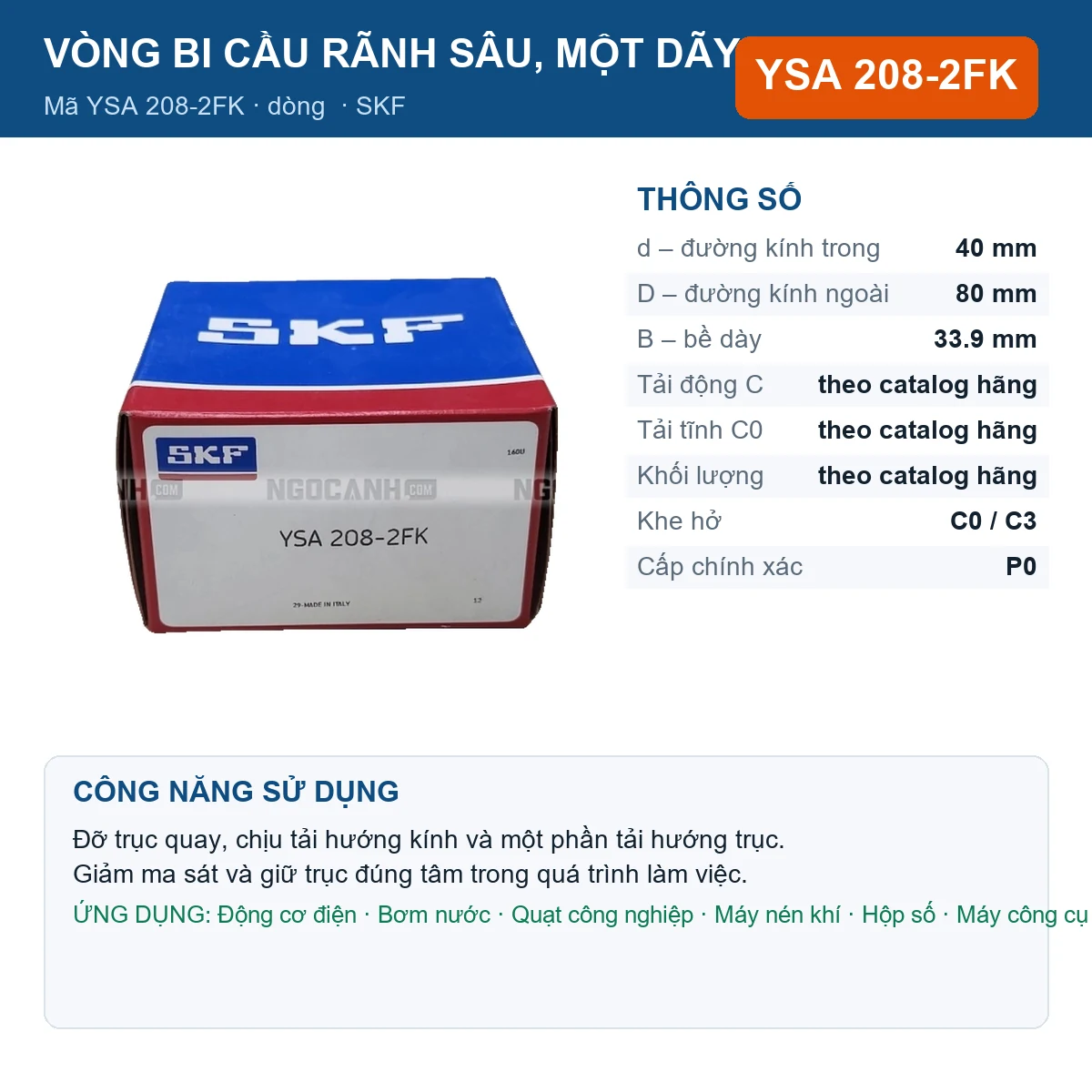 Vòng bi SKF YSA 208-2FK 40x80x33.9mm — Ảnh đăng sản phẩm (web)