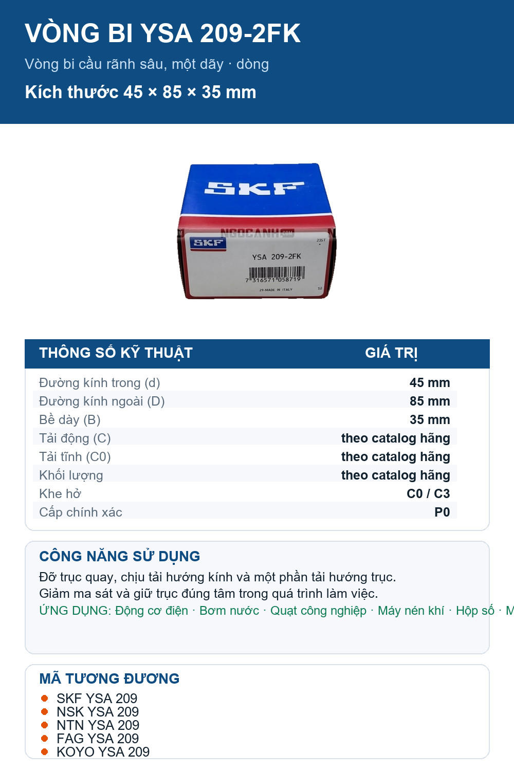 Vòng bi SKF YSA 209-2FK 45x85x35mm — Ảnh thông số (Pinterest)