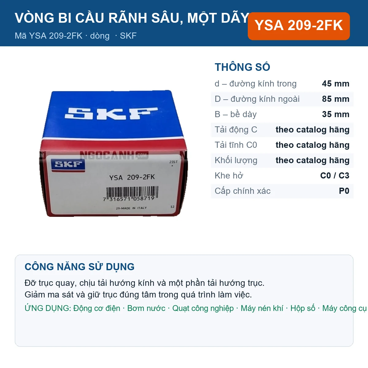 Vòng bi SKF YSA 209-2FK 45x85x35mm — Ảnh đăng sản phẩm (web)