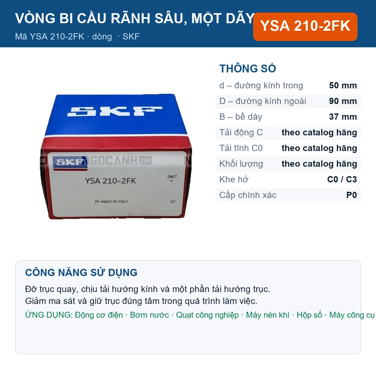 Vòng bi SKF YSA 210-2FK 50x90x37mm — Ảnh đăng sản phẩm (web)