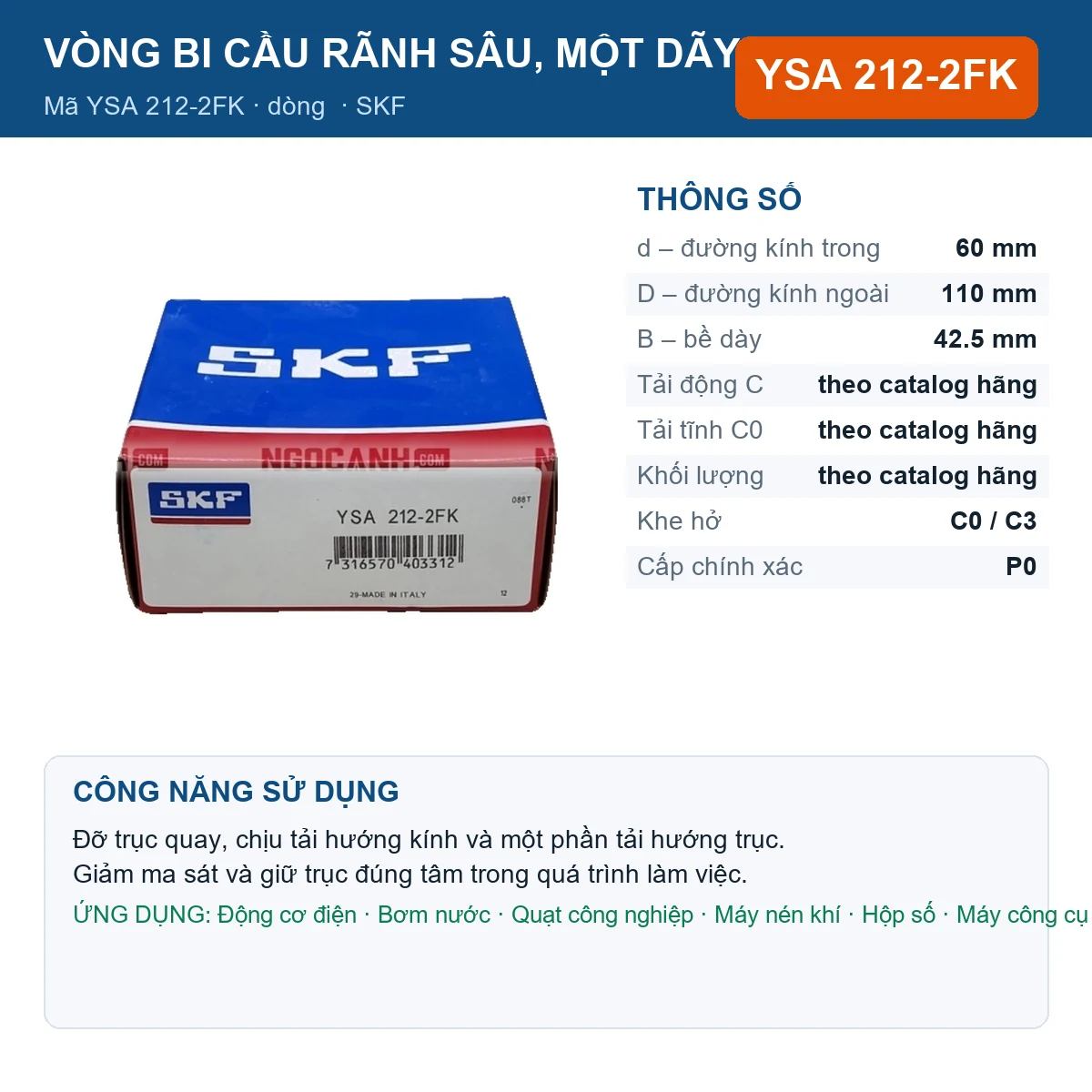 Vòng bi SKF YSA 212-2FK 60x110x42.5mm — Ảnh đăng sản phẩm (web)