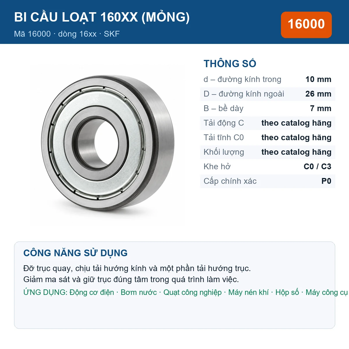 Vòng bi bạc đạn 16000 10x26x7mm NKE — kích thước 10x26x7mm