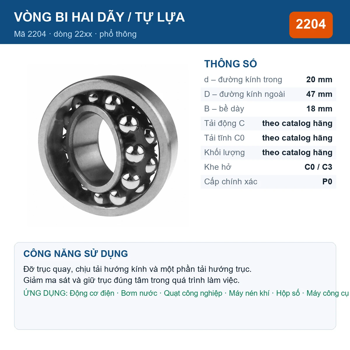 Vòng bi bạc đạn 2204 20x47x18mm Gen — kích thước 20x47x18mm