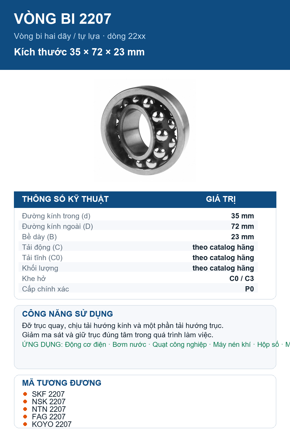Vòng bi bạc đạn 2207 35x72x23mm KSM — Ảnh thông số (Pinterest)