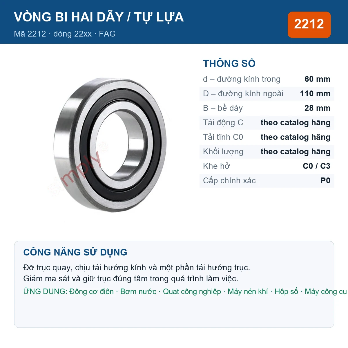 Vòng bi bạc đạn 2212 60x110x28mm FAG — kích thước 60x110x28mm