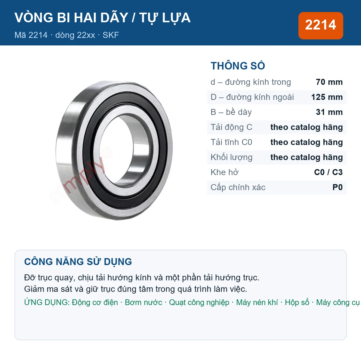 Vòng bi bạc đạn 2214 70x125x31mm SKF — kích thước 70x125x31mm