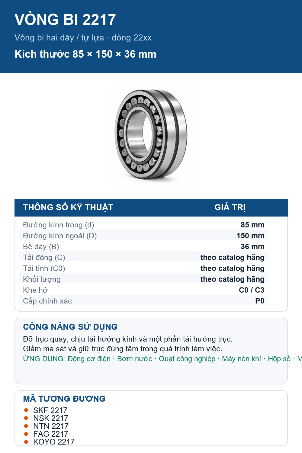 Vòng bi bạc đạn 2217 85x150x36mm SKF — Ảnh thông số (Pinterest)