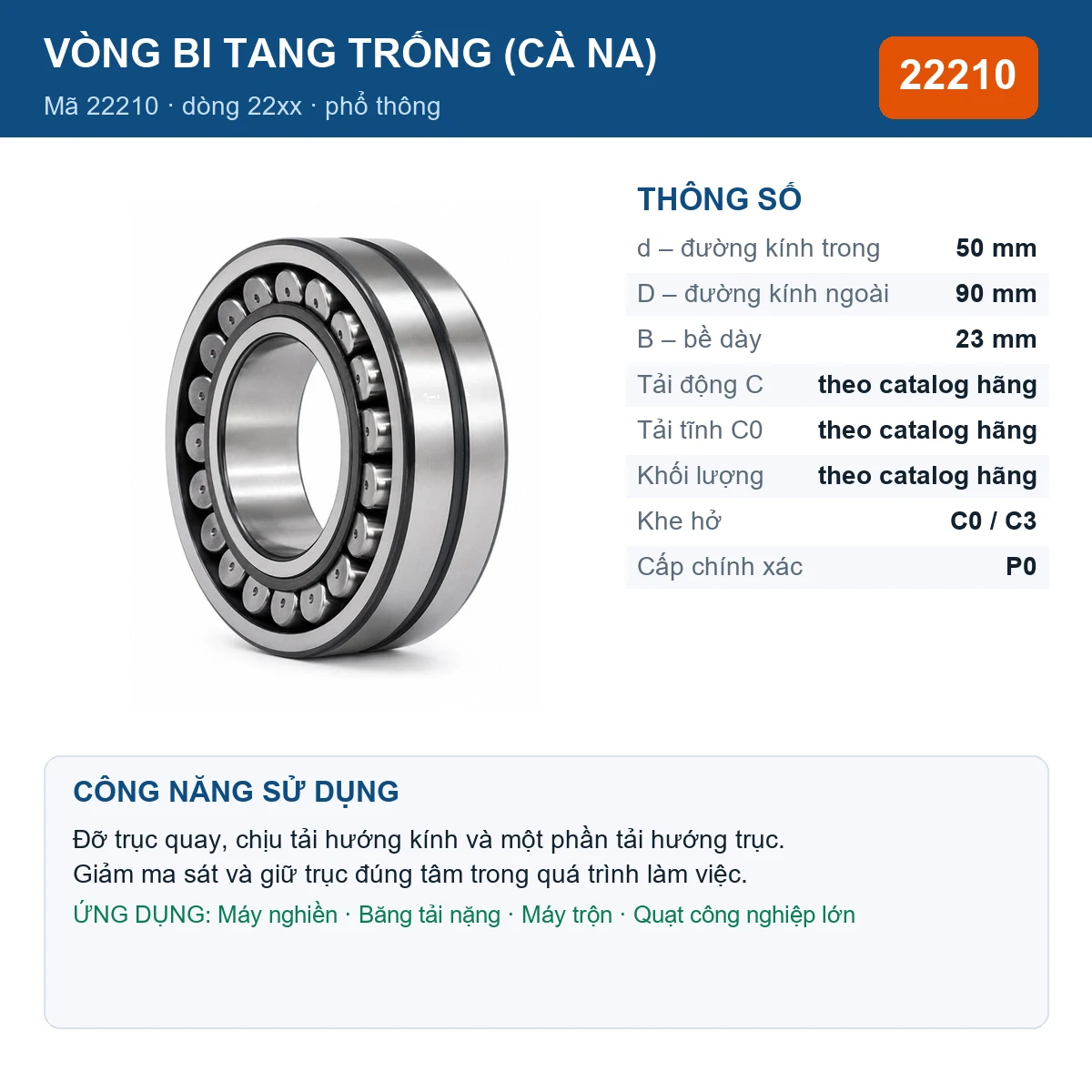 Vòng bi bạc đạn 22210 50x90x23mm Gen — kích thước 50x90x23mm