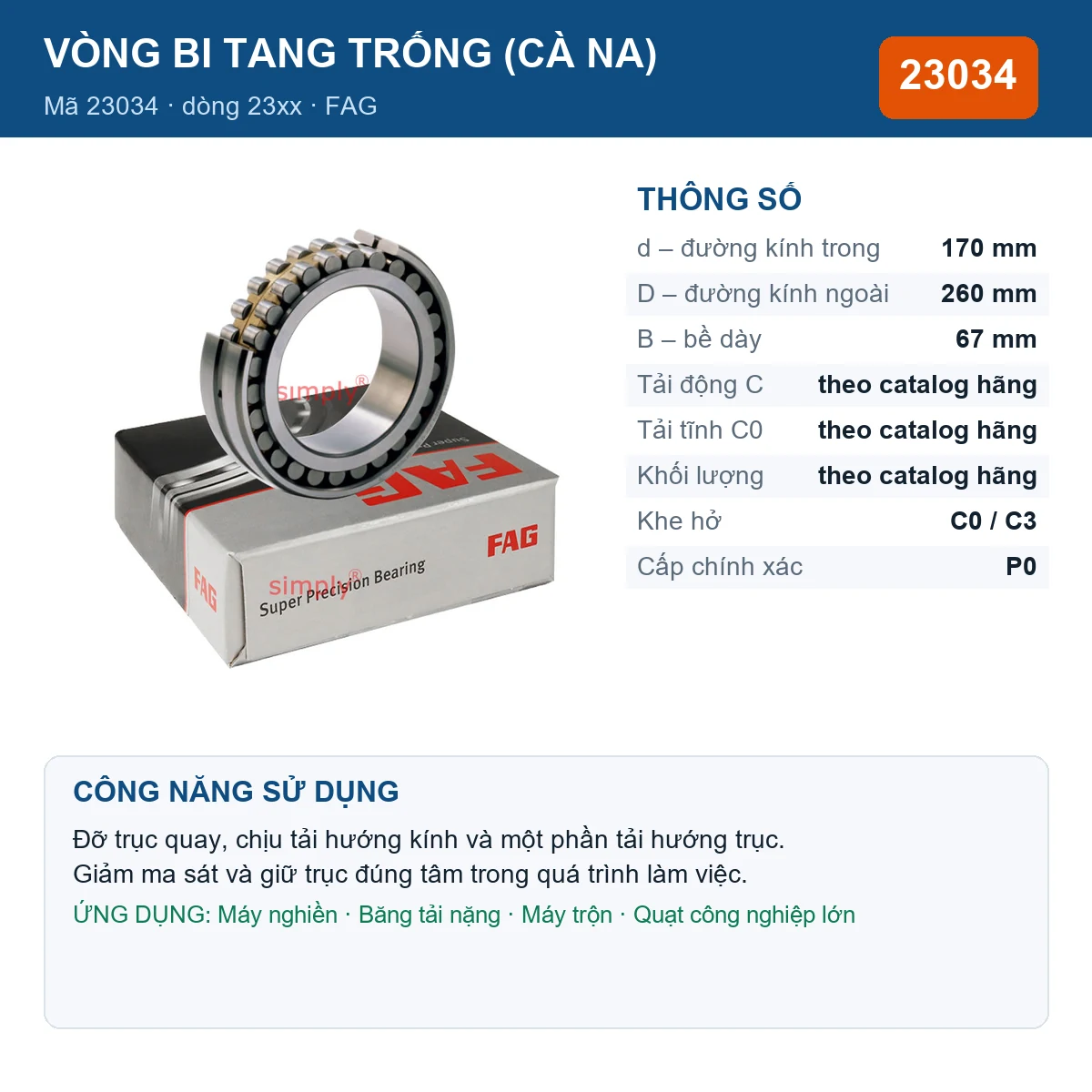 Vòng bi bạc đạn 23034 170x260x67mm FAG — kích thước 170x260x67mm