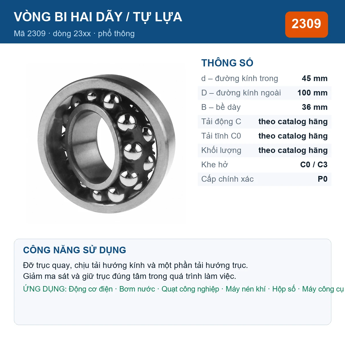 Vòng bi bạc đạn 2309 45x100x36mm Major Brand — kích thước 45x100x36mm