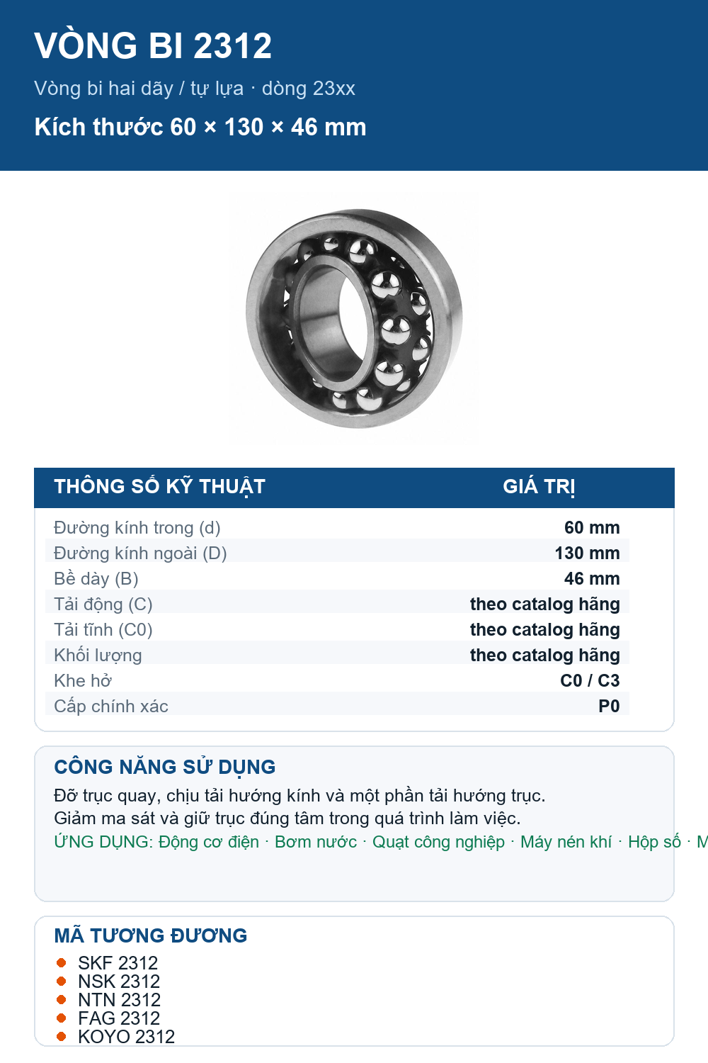 Vòng bi bạc đạn 2312 60x130x46mm SKF — Ảnh thông số (Pinterest)