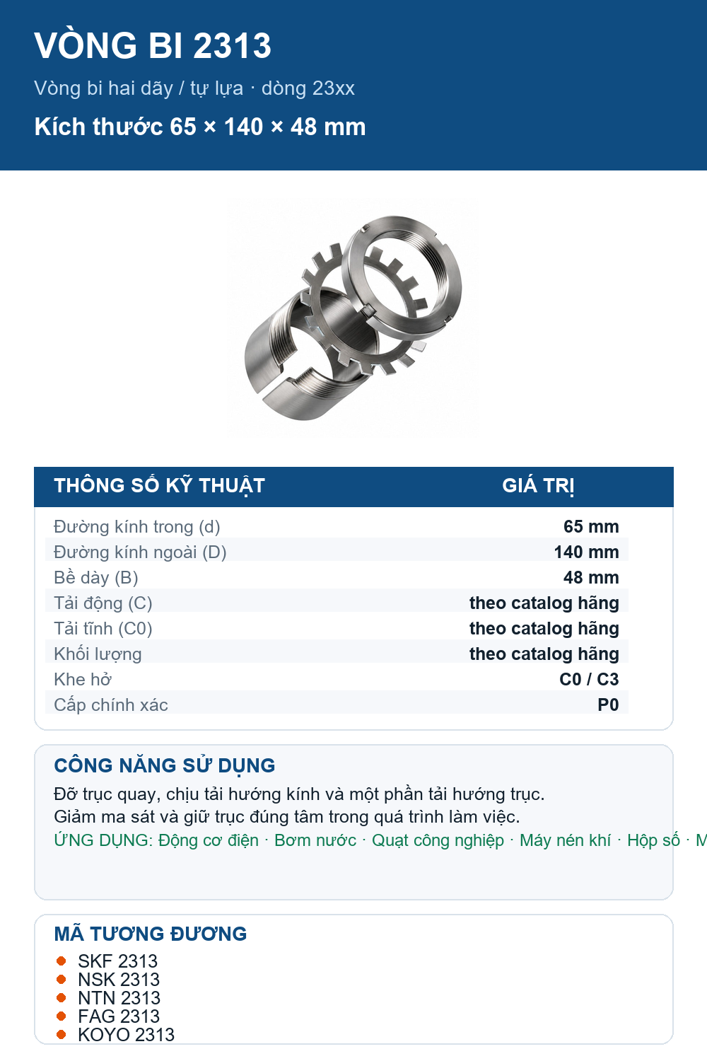 Vòng bi bạc đạn 2313 65x140x48mm SKF — Ảnh thông số (Pinterest)