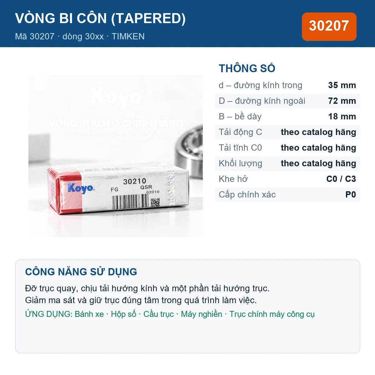 Vòng bi bạc đạn 30207 35x72x18.25mm ZEN — kích thước 35x72x18.25mm