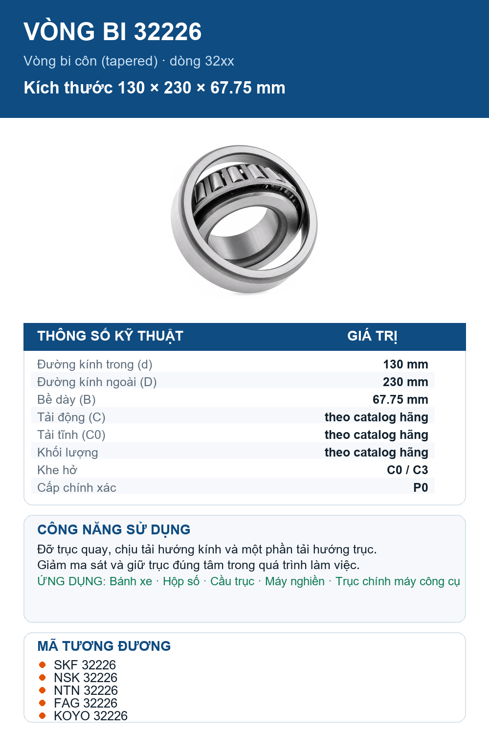 Vòng bi bạc đạn 32226 130x230x67.75mm Timken — Ảnh thông số (Pinterest)