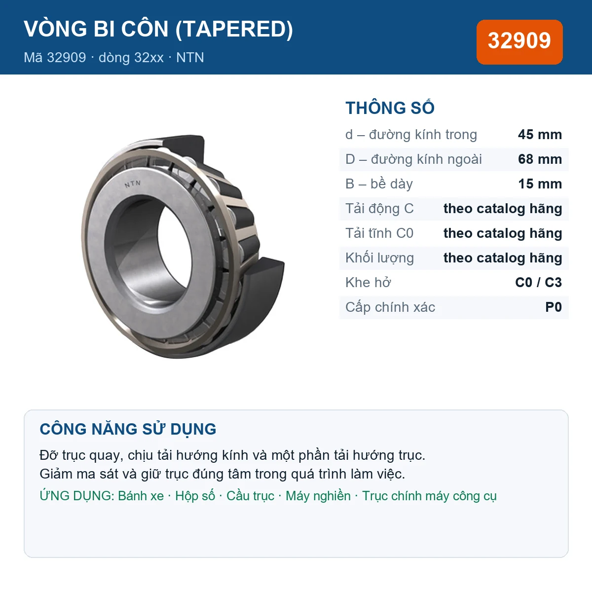 Vòng bi bạc đạn 32909 45x68x15mm NTN — kích thước 45x68x15mm